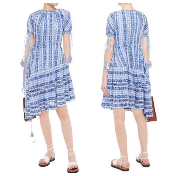 Dodo Bar Or Yolanda Dress Asymmetric Embroidered Check Plaid Cotton-Gauze S NWT - Picture 1 of 12